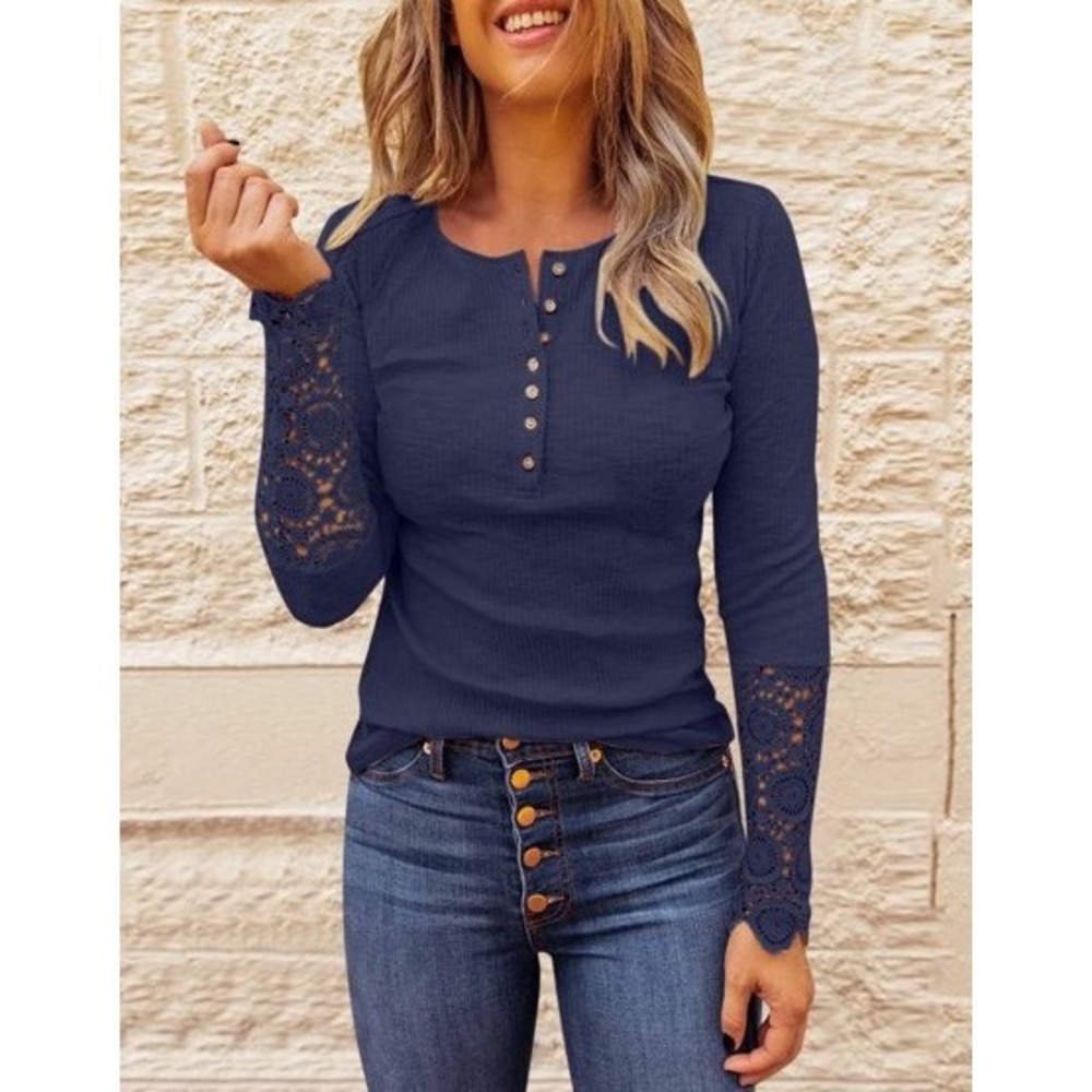 Kancystore Henley Top Rayon Blend Slim Fit Boho Lace Sleeve Navy Blue Small